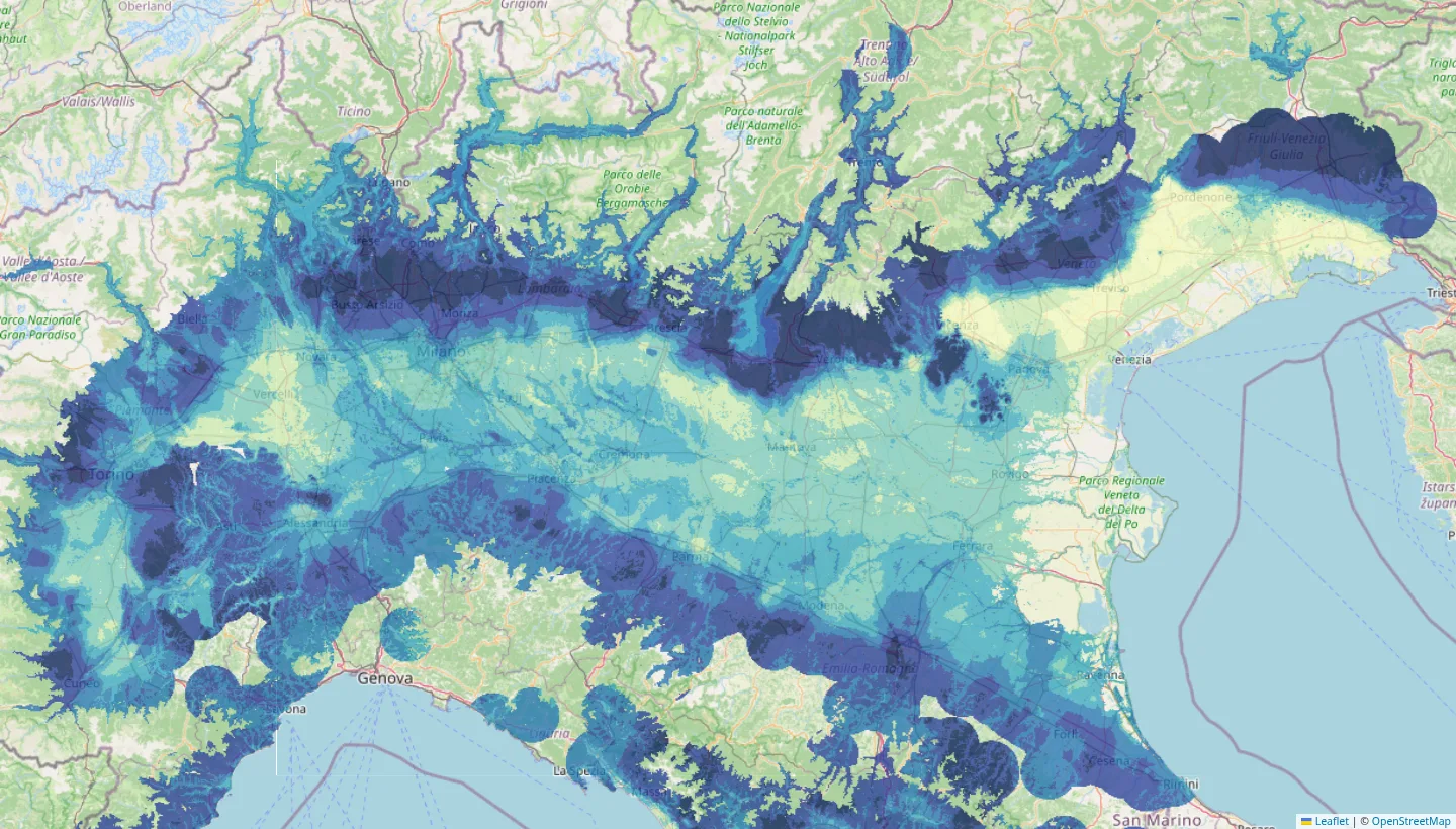 Mappa della pianura padana colorata per classi di livello statico stimato